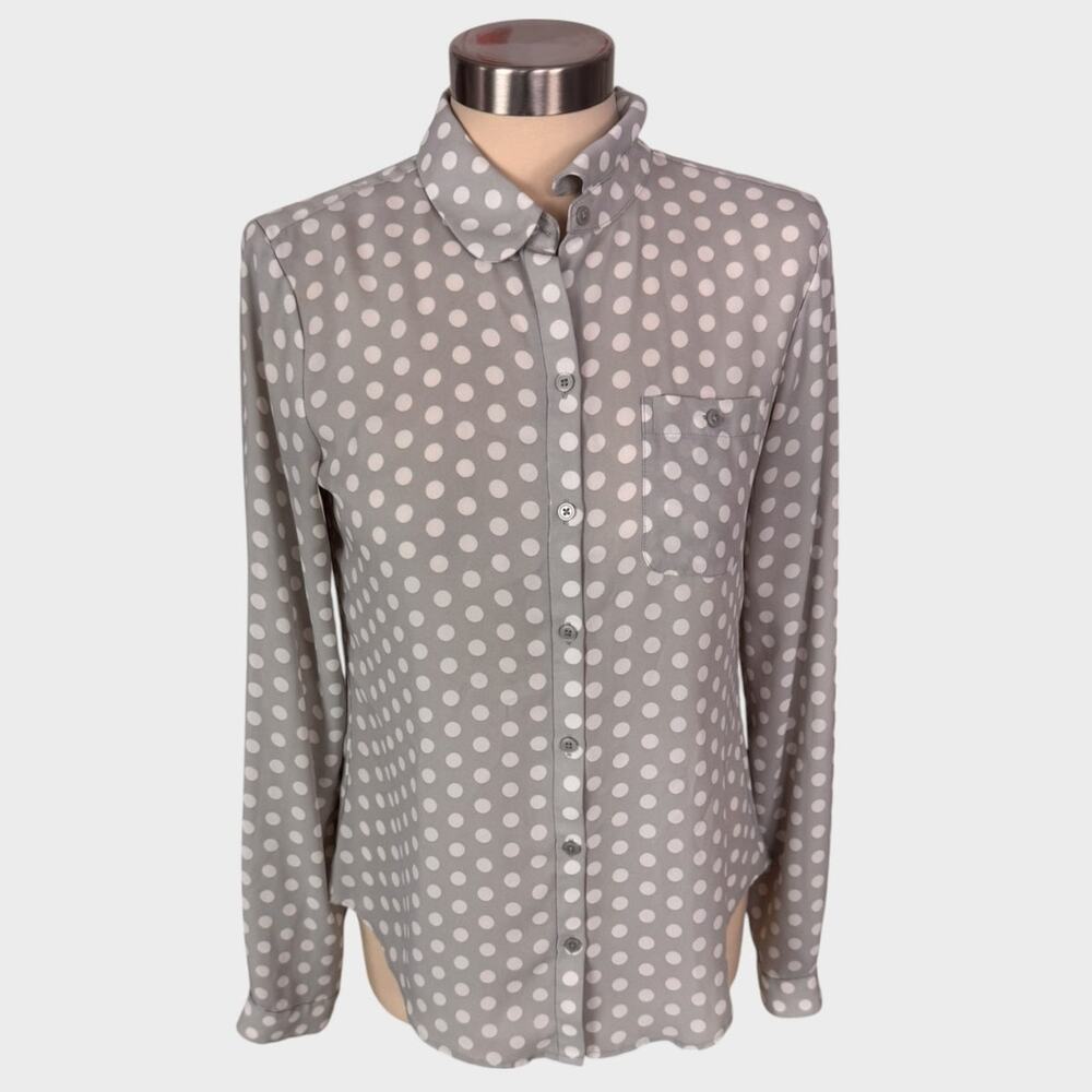 Ann Taylor LOFT XS Button Front Polyester Gray Polka Dot Bouse